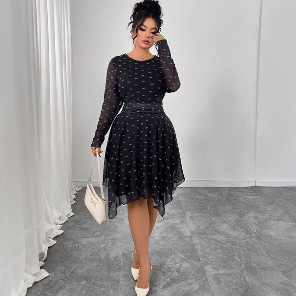 Elegant Bow-Print A-Line Dress – Slimming Black Dress With Flowy Chiffon Fabric_ecoleips.com