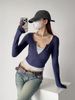 2025 Spring New Hoodie Two Piece Color Blocked Long Sleeve V-neck Slim Short Women's T-shirt Top_ecoleips.com