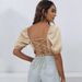 Voya Women's Spring/Summer New Style Square Collar Lantern Sleeve Solid Color Bareback Strap T-shirt Casual Short Top For Women_ecoleips.com