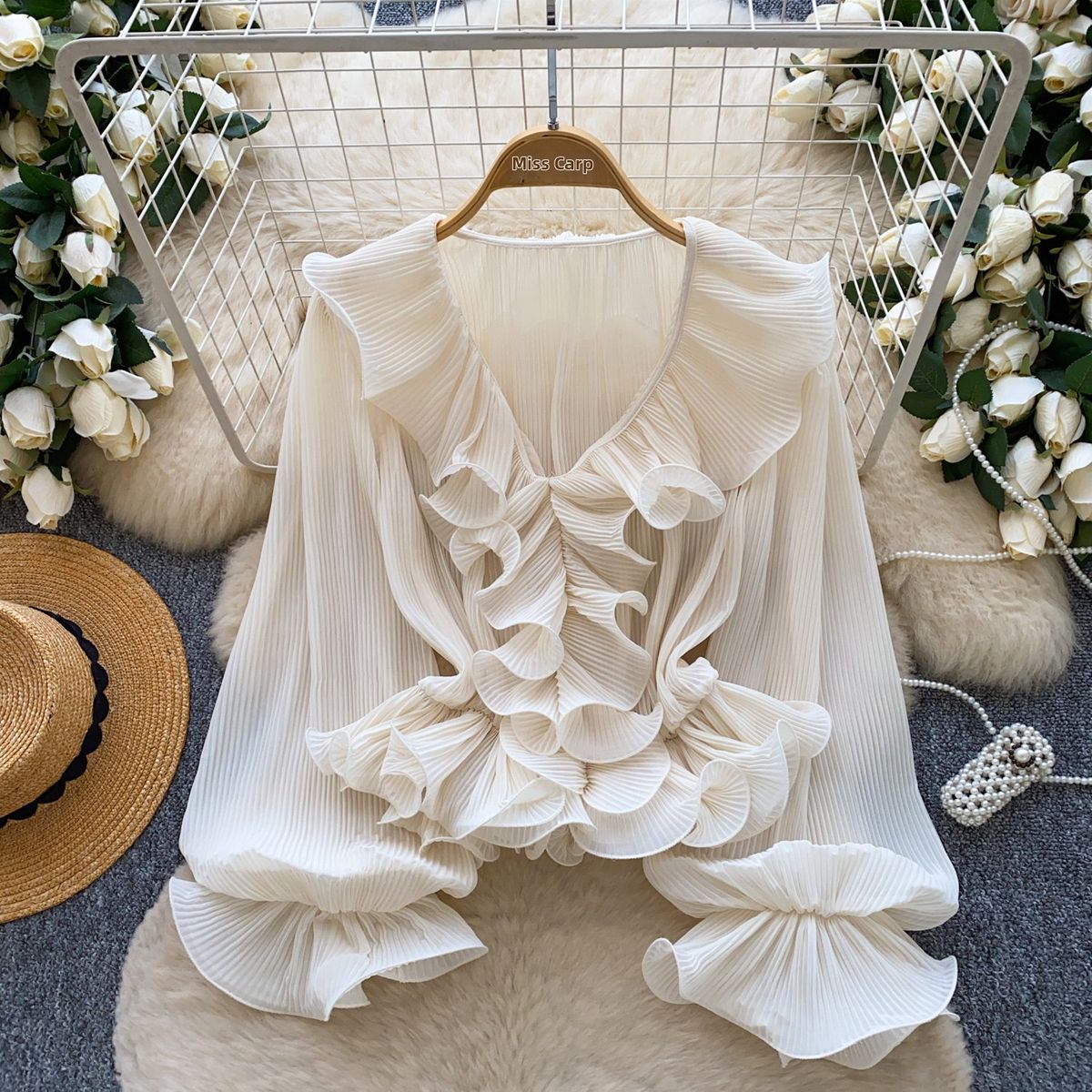 Women's Clothing French Style V Neck Blouse Ruffled Long Sleeve Elegant Top For Spring/Summer Versatile Gentle Design_ecoleips.com