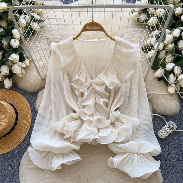 Women's Clothing French Style V Neck Blouse Ruffled Long Sleeve Elegant Top For Spring/Summer Versatile Gentle Design_ecoleips.com