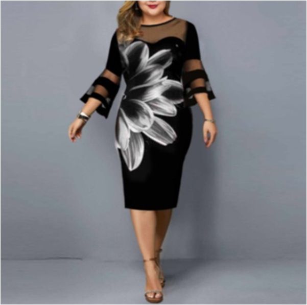 Plus Size Patchwork Maxi Dress – Digital Print Swing Dress With Bell Sleeves – Curve-Hugging Fit For Streetwear Queens (6 Artistic Colors)_ecoleips.com