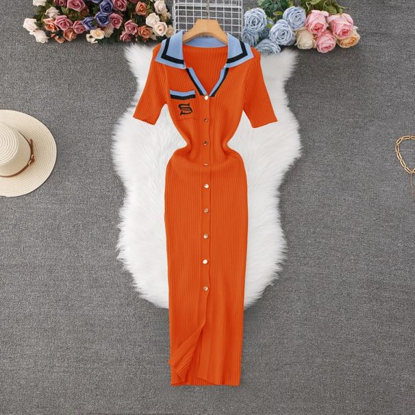 Women's Clothing Polo Collar Contrast Dress Short Sleeve Embroidered Long Dress Waist Slim Knitted Dress_ecoleips.com