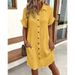 Summer V Neck Button up Cotton Linen Dress for Women Simple Shirt Dress Beach Style Bohemian Casual Suitable for Ages 16-45_ecoleips.com