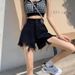 Black Ripped Wide-leg Denim Shorts For Women, Summer New Style, Plus Size, High-waisted A-line Frayed Hot Pants,_ecoleips.com