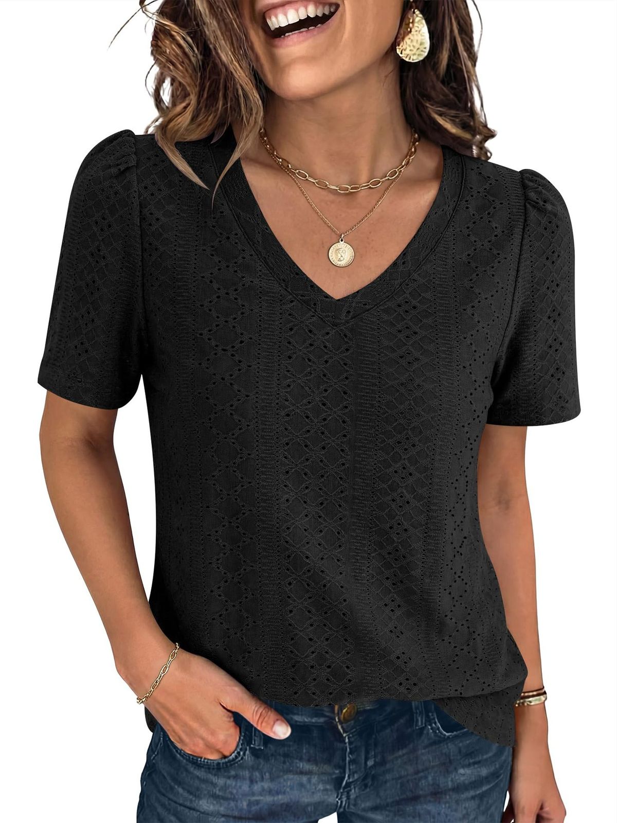 Elegant V-Neck Short Sleeve T-Shirt Top For Women - Soft Polyester Casual Blouse Vintage Inspired Courtly Lock Design Versatile For Office Daily Wear_ecoleips.com
