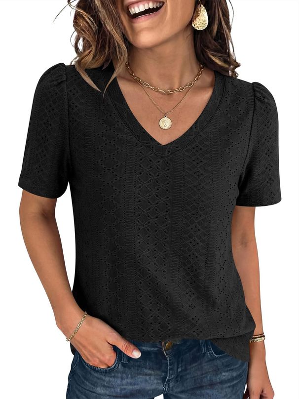 Elegant V-Neck Short Sleeve T-Shirt Top For Women - Soft Polyester Casual Blouse Vintage Inspired Courtly Lock Design Versatile For Office Daily Wear_ecoleips.com