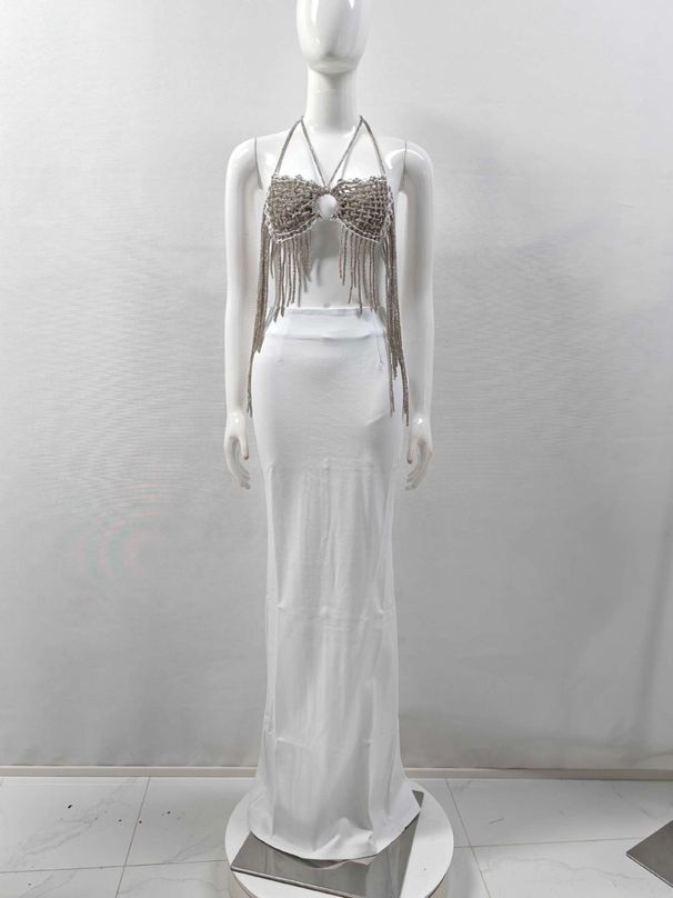 INS Strapless Tassel Halter Knitted Top Long Skirt Set For Women_ecoleips.com