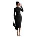 Spring New Arrival Women's Stand Collar Knitted Dress Solid Color Slim Fit Metal Button Style_ecoleips.com