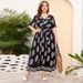 Women's Clothing Plus Size Flower Short Sleeve Big Swing Dress Loose V Neck Travel Holiday Style Long Skirt Beach Dress_ecoleips.com