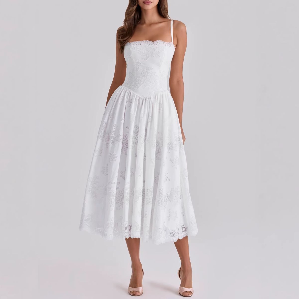 Women's French Elegant Lace Panel Belted Halter A-Line Maxi Dress – Sweet Countryside Summer Gown_ecoleips.com