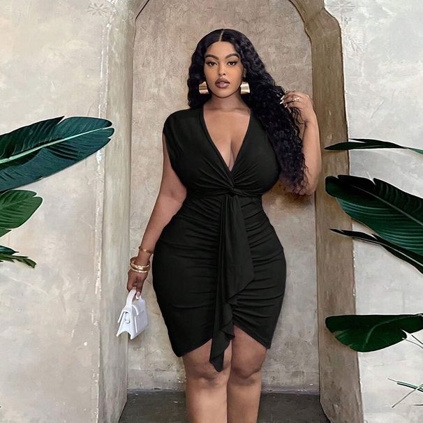 Women's Sexy Pure Desire Dress Summer V-neck Waist Pleated Hip Skirt_ecoleips.com