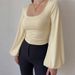 cross-border Women's Light Floral Gray Solid Color Square-neck Lantern Sleeve U-neck Sexy Slim-fit Top_ecoleips.com