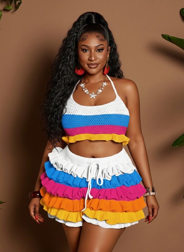 Colorful Beach Resort Style Knitted Set For Women Halter Neck Top And Shorts Two Piece Casual Wear_ecoleips.com