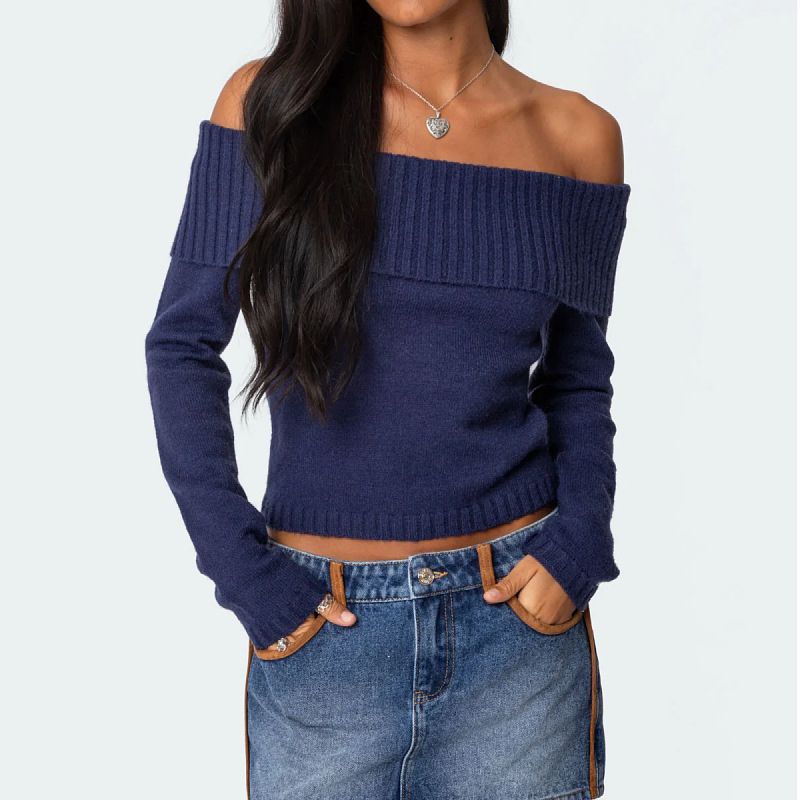 2025 European And American Cross Border Spring New Knitted Tops For Women Solid Color Off Shoulder Long Sleeved Pullover Sweater For Women_ecoleips.com