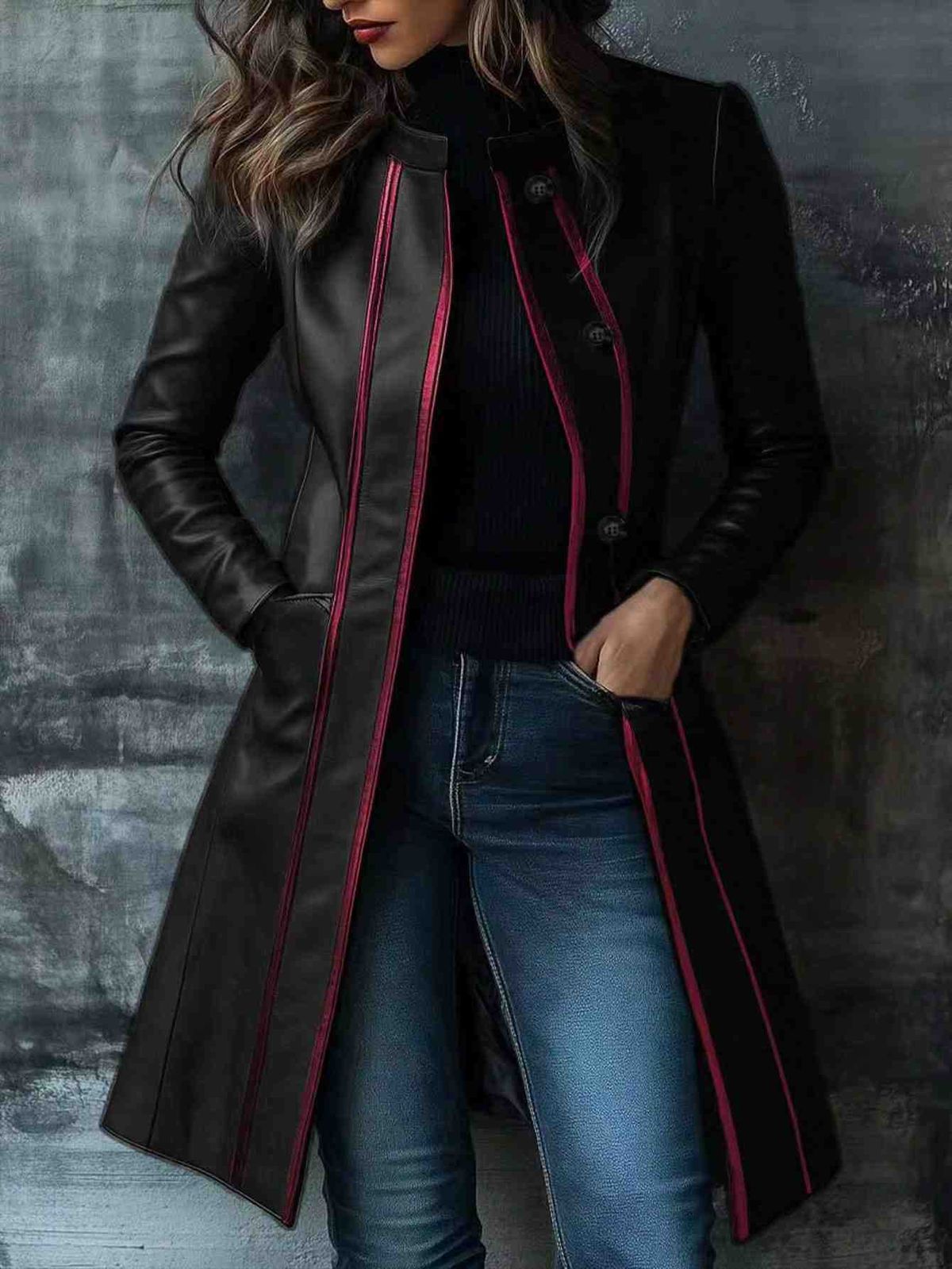 Vintage Black Contrast Collar Faux Leather Jacket Coat For Women, Retro Biker Style Windbreaker, Oversized Fit, Polyester Blend, Streetwear Fashion_ecoleips.com