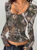 Aria Basics Aria Basics 2025 European And American Fashion Clothing, Sexy Design, Retro Camouflage Branch Pattern, Ultra U-neck, Slim Fit,_ecoleips.com