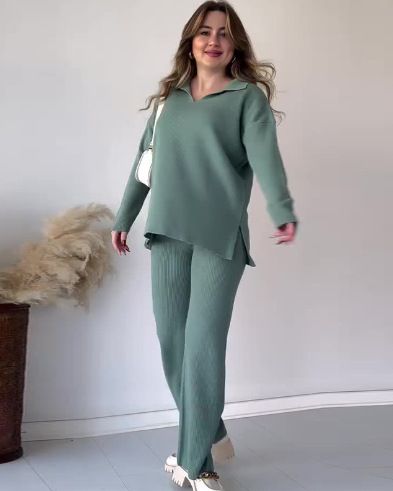 Women's Clothing Stylish Split Hem Knit Sweater Set - Loose Fit, Comfortable & Versatile - White, Black, Camel, Peacock Green, Blue, Olive Green_ecoleips.com