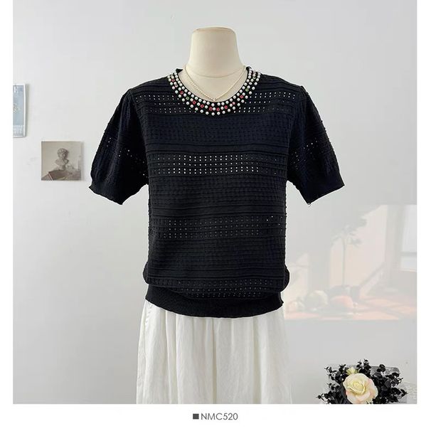 Women's Clothing Contrast Color Round Neck Beaded Hollow Short Sleeve Knitted Sweater Summer New Style All Match Sweet Age Reducing Slim Fit Tops_ecoleips.com