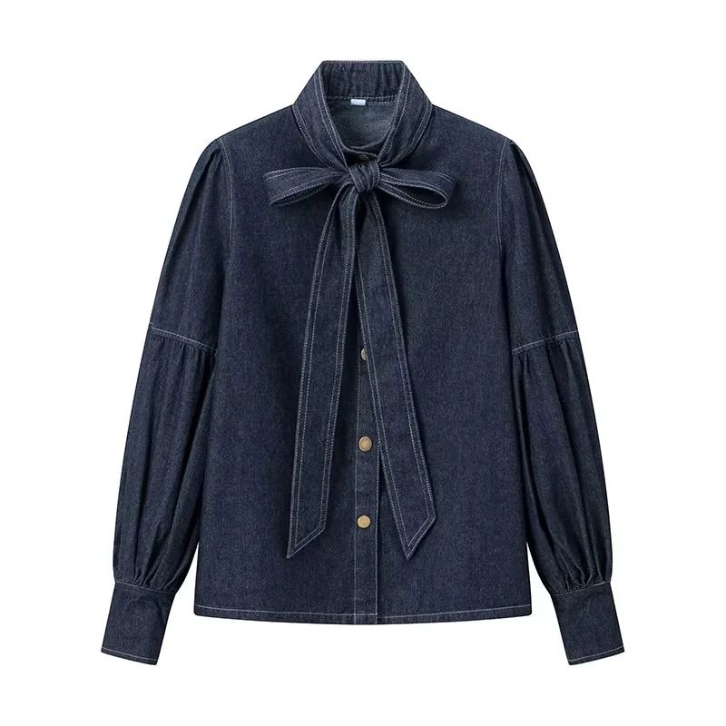 Verve Women's Fashion 2025 Spring New French Style Elegant Commuter Tie Bow Long Sleeve Stand Collar Denim Shirt_ecoleips.com