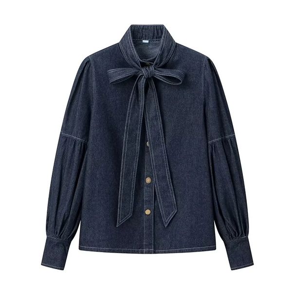 Verve Women's Fashion 2025 Spring New French Style Elegant Commuter Tie Bow Long Sleeve Stand Collar Denim Shirt_ecoleips.com