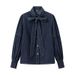 Verve Women's Fashion 2025 Spring New French Style Elegant Commuter Tie Bow Long Sleeve Stand Collar Denim Shirt_ecoleips.com