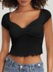 Fairyshely 2025 Summer Solid Short Sleeve T-shirt Sexy Women V Neck Bodycon Crop Top Lady Black Ruffle Club Party Short Tops_ecoleips.com