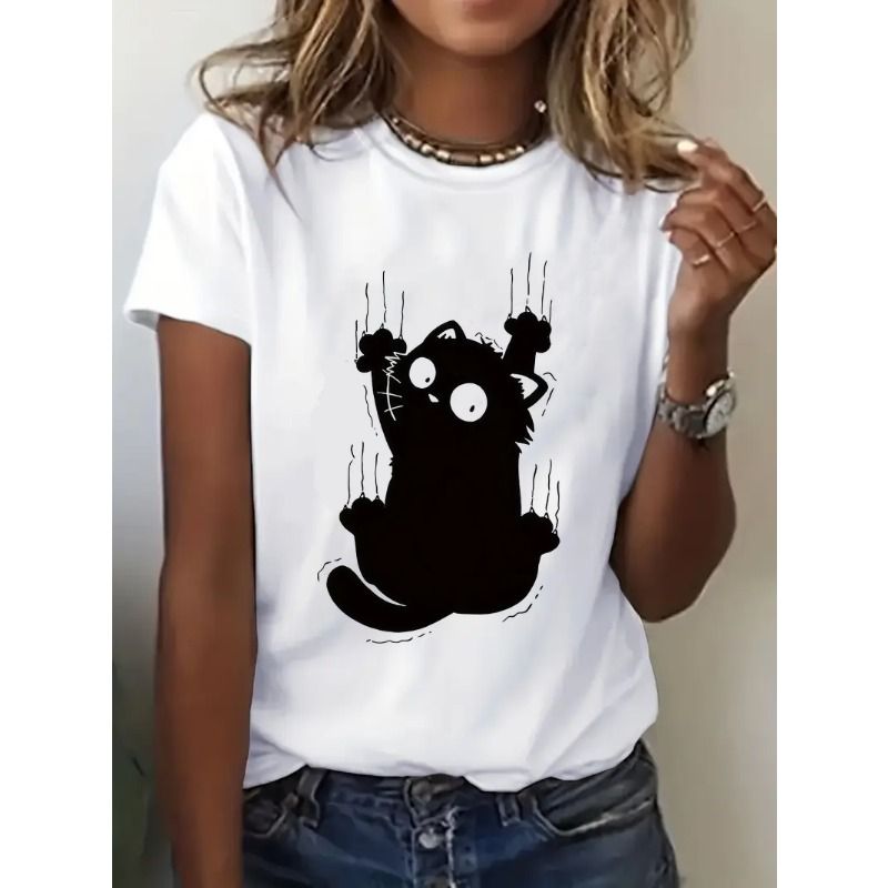 Girls Funny Climb Cute Cat Design Print T-shirt Short Sleeve Crew Neck Casual All Season Women's Clothing Top Tee_ecoleips.com