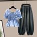 Fashionable Plus Size Women's Suit Set Square Neck Top With Fitted Waist Retro Style Ruffled Trim Jeans_ecoleips.com