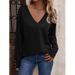 2025 Autumn/Winter New Solid Color V-neck Loose Long Sleeve Button Women's T-shirt_ecoleips.com