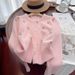 Women's Light Blue Cherry Embroidery Knit Cardigan, Long Sleeve Crew Neck Pearl Button Sweater, Soft Fuzzy Casual Daily Wear Cropped Knitwear For Euro_ecoleips.com