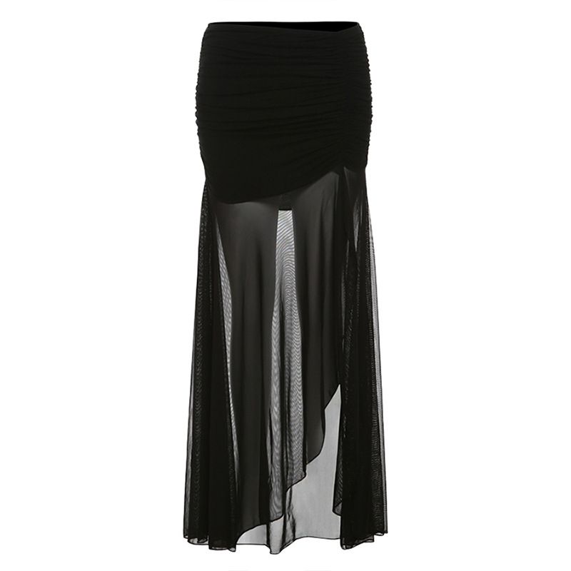 Verve 2025 Summer New Women's Solid Color Slim Street Fashion High Waist Mesh Split Skirt_ecoleips.com
