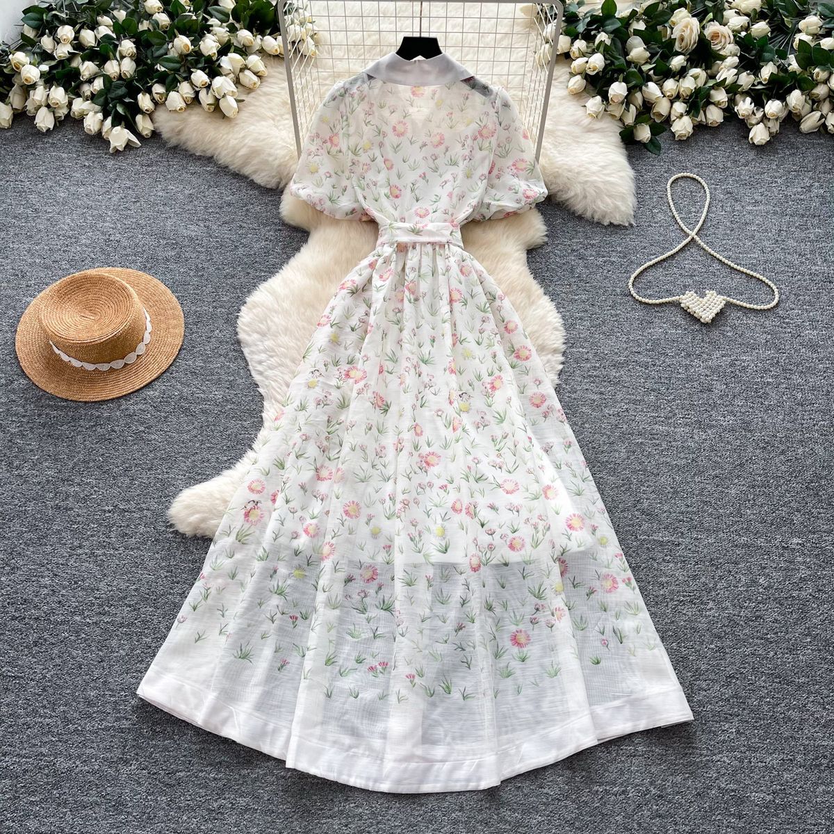 Elegant French Style Floral Print Dress with Collar Korean Tie Waist Short Sleeves a Line Skirt for Women_ecoleips.com