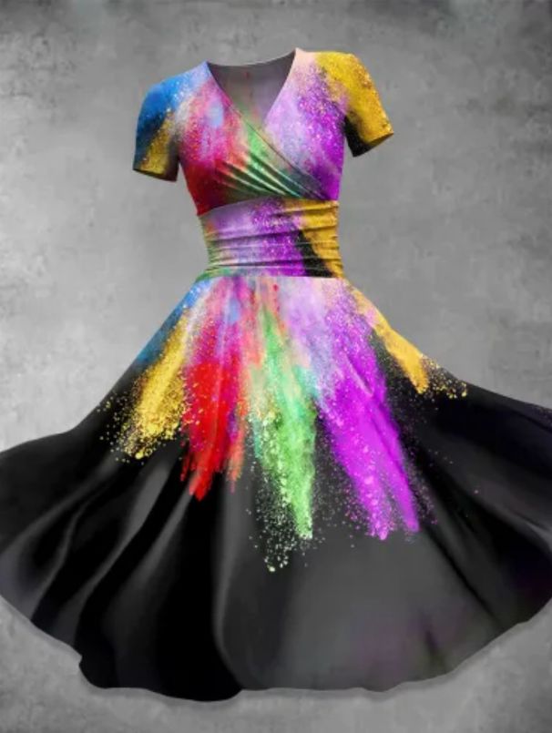 Women's Rainbow-Printed Waist-Slimming Dress_ecoleips.com
