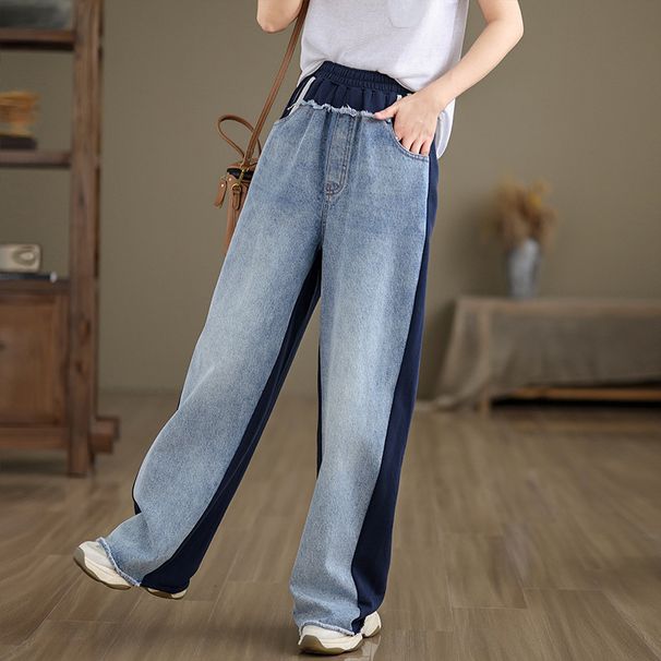 Women's Clothing Autumn And Winter New Simple Splicing Casual Raw Edge Straight Pants Women's Thick High Waist Jeans Wide Leg Pants_ecoleips.com