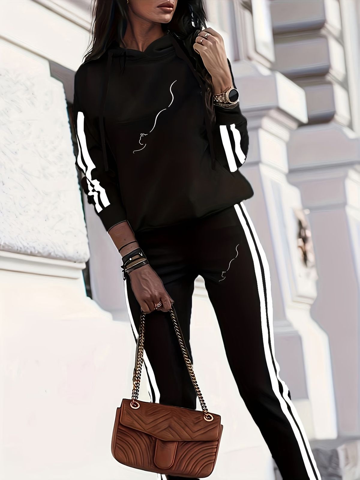 Retro Minimalist Style Spring Autumn Casual Loose Fitting Hooded Tracksuit Side Stripes 2043 Print Pant Set_ecoleips.com