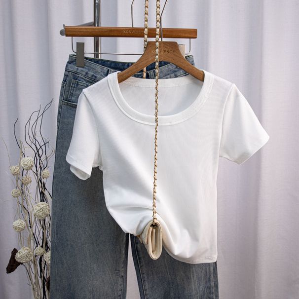 Women's Ribbed Short Sleeve T-Shirt round Neck Comfortable Base Layer Top Versatile New Spring/Summer Autumn Style_ecoleips.com