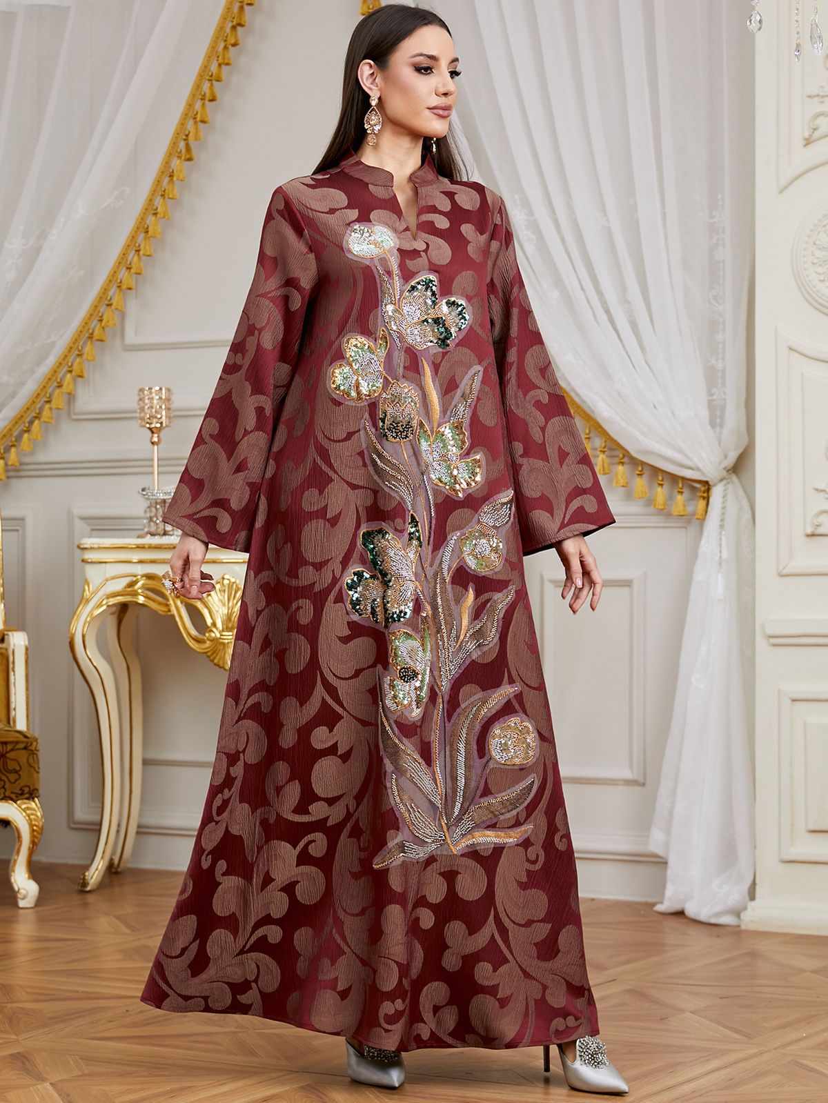 Women's Clothing Elegant Long Sleeve Sequin Embroidery Patchwork Arabian Dress Middle Eastern Style High Quality Evening Gown Modest Abaya Dress_ecoleips.com