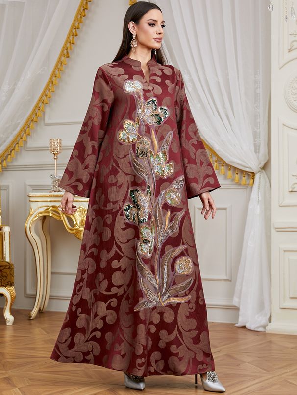 Women's Clothing Elegant Long Sleeve Sequin Embroidery Patchwork Arabian Dress Middle Eastern Style High Quality Evening Gown Modest Abaya Dress_ecoleips.com