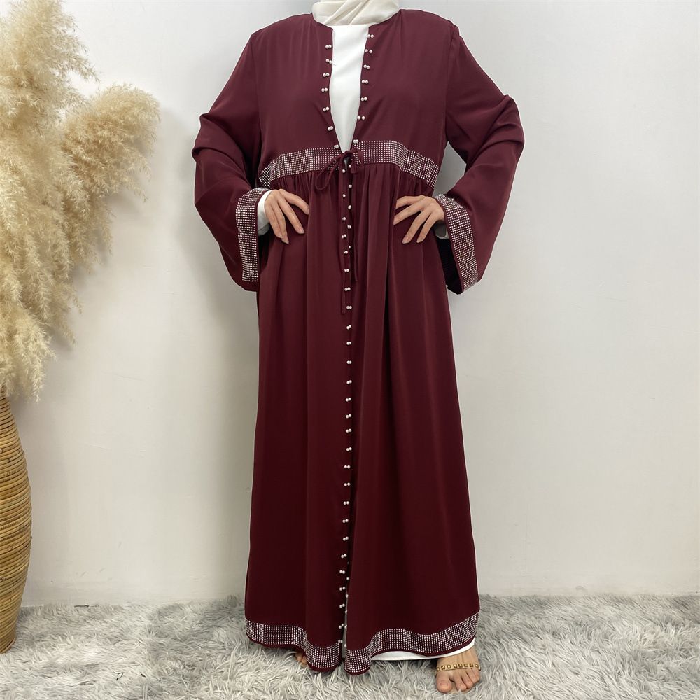 Cross Border Hot Selling Elegant Rhinestone And Beaded Muslim Cardigan, Turkish Dubai Fashion Long Skirt With Pockets_ecoleips.com