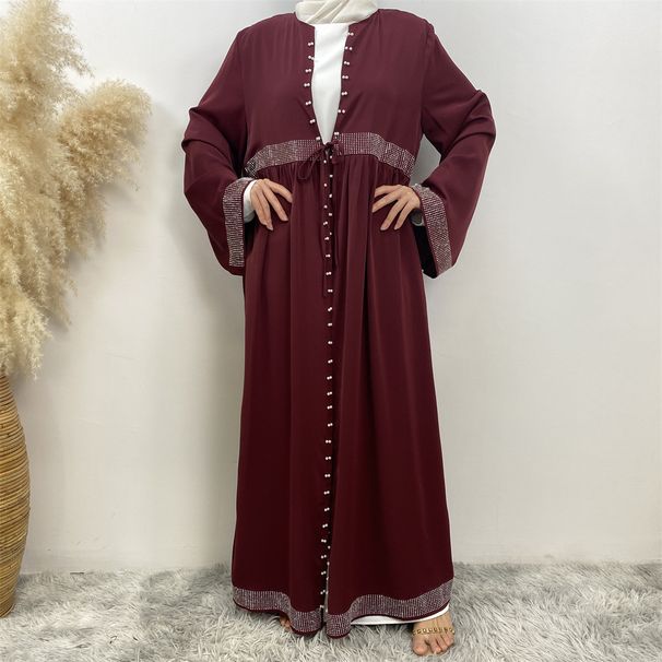 Cross Border Hot Selling Elegant Rhinestone And Beaded Muslim Cardigan, Turkish Dubai Fashion Long Skirt With Pockets_ecoleips.com