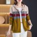 K Color Blocked Striped Double Zipper Hooded Knitted Cardigan Women's Loose And Slimming Sweater Top Jacket_ecoleips.com