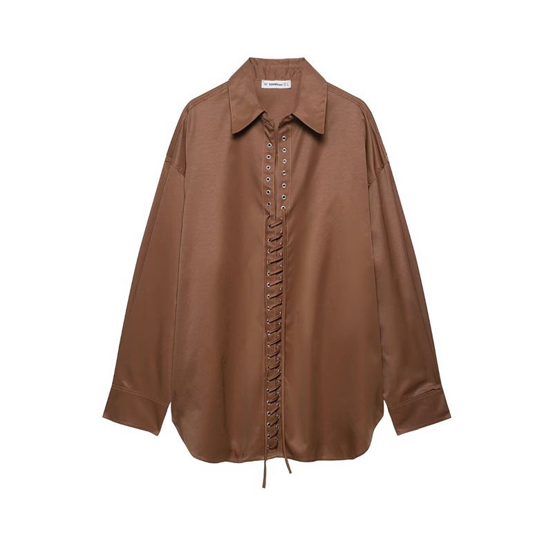 2025 Spring/Summer New Fashion Women's Casual Versatile Turn-down Collar Long Sleeve Front Tie Shirt_ecoleips.com