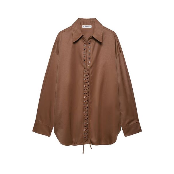 2025 Spring/Summer New Fashion Women's Casual Versatile Turn-down Collar Long Sleeve Front Tie Shirt_ecoleips.com