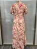 K New Bubble Sleeve Printed Slim Fit Long Dress With Fashionable Pleated Design. No Necklaces Or Other Accessories_ecoleips.com