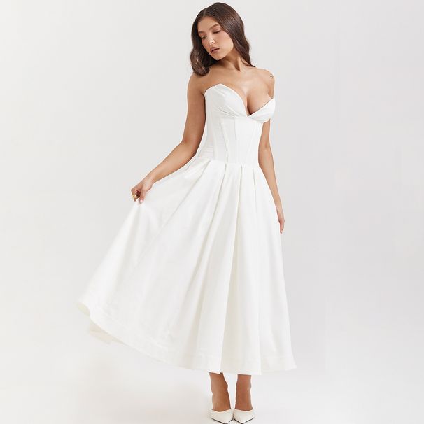 Women's Clothing New Sexy Tube Top Fashion Sharp Angle Fishbone Waist A Line Dress_ecoleips.com