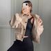 Women's Clothing Autumn Winter Women's Casual Short Wool Blend Coat With Stand Collar & Single Button Closure, Loose Fit, Long Sleeve, Outerwear_ecoleips.com
