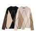 Vintage Lazy Wind Rhombus Pattern Color Matching Round Neck Pullover Knitted Sweater_ecoleips.com