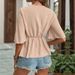 Verve Summer Simple Loose Bell Sleeve Wrap V-Neck Solid Color Women's Shirt_ecoleips.com
