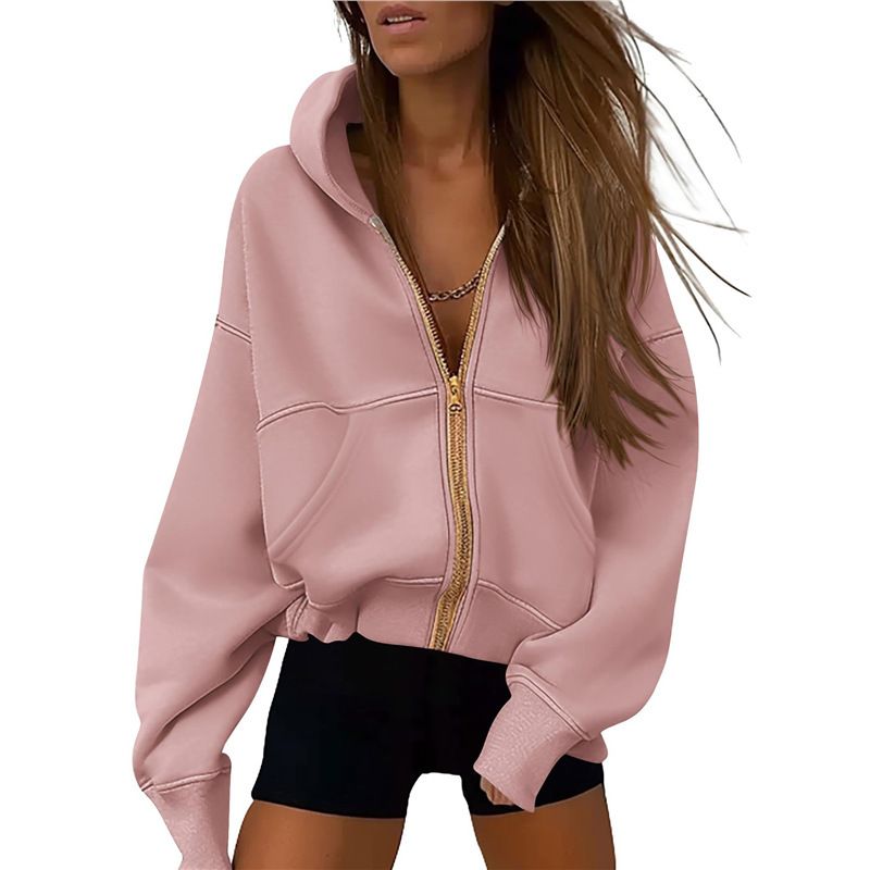"Y2K Fashion Women's Zip-Up Hooded Sweatshirt With Pockets, Oversized Long Sleeve Jacket For Streetwear Casual Wear, Polyester Blend, Multiple Colors_ecoleips.com